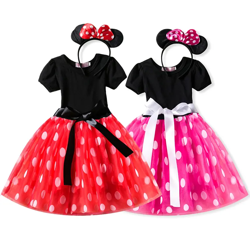 Girls Mickey Minnie Dress  Dot Lace Bowknot Dresses for Baby Girl Summer Infant Children Clothing