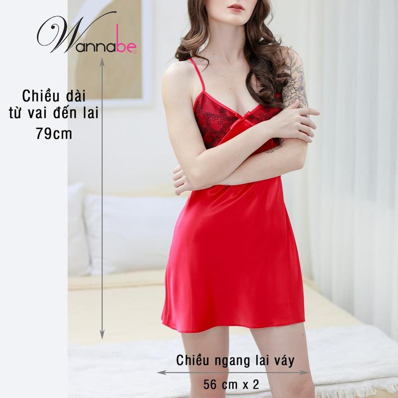 Đầm ngủ lụa cao cấp WANNABE váy ngủ 2 dây màu đỏ đen hở lưng phối ren nữ tính quyến rũ Women Váy Ngủ Dress Kem Viền Ren DNS46