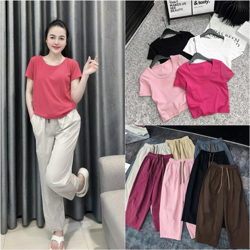 [ SÉT BỘ QUẦN BAGGY THÔ+ ÁO TĂM] Sét áo tăm hàn cộc tay, quần chất thô mềm qc dáng baggy dài. Đủ size SMLXL 40kg- 70kg Nữ Women