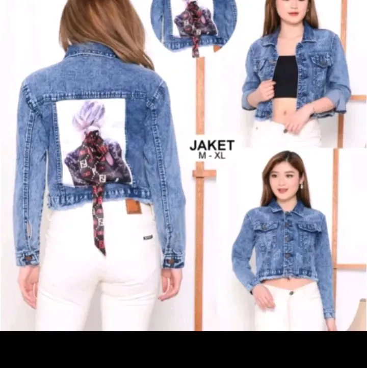 Jaket jeans jaket wanita crop jaket kekinian belakang emblem pita 3D Santai 0
