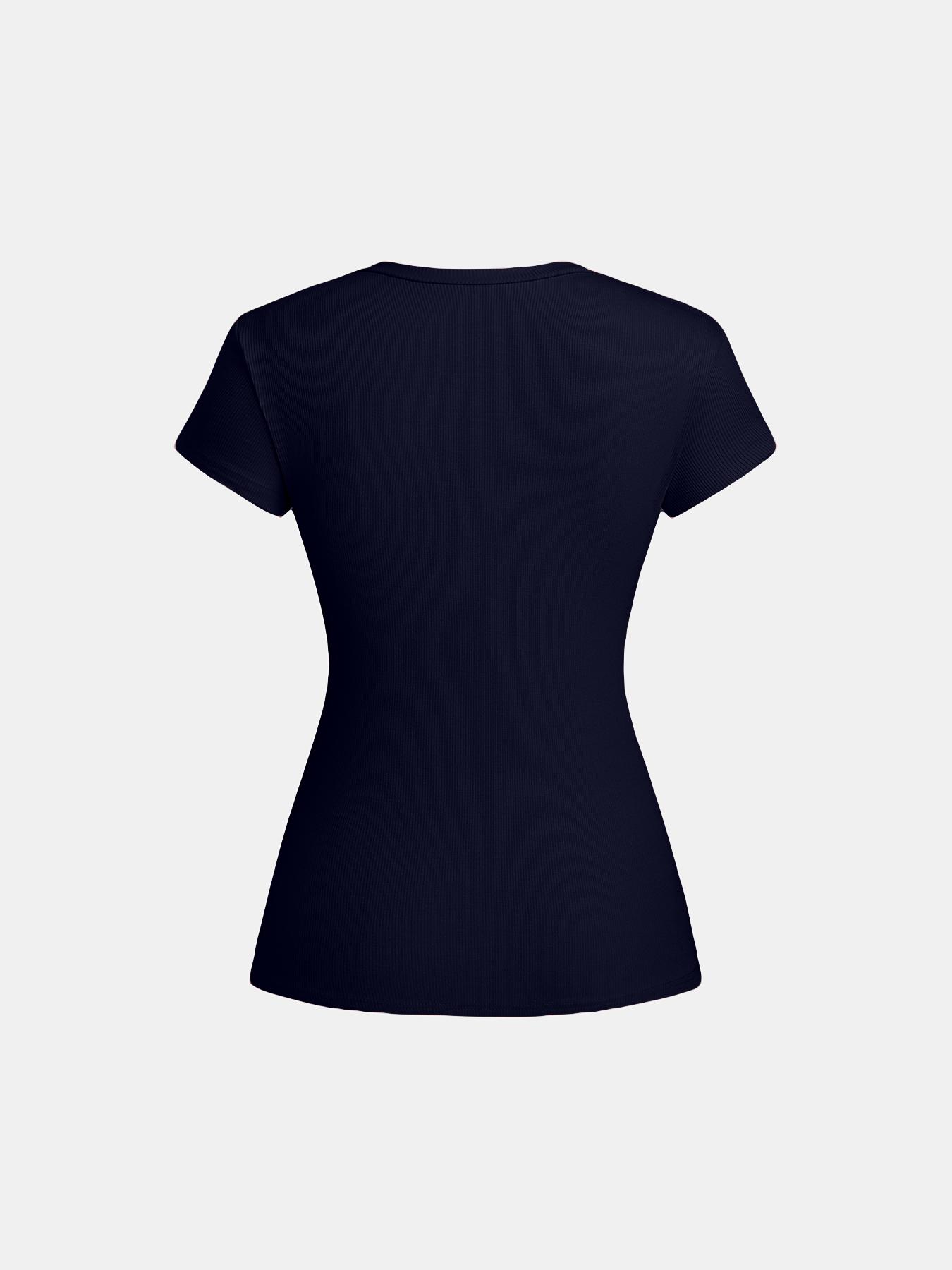 Women's Solid Color Button Tee, Casual Short Sleeve Round Neck T-shirt for Daily Wear, Ladies Clothes for All Seasons