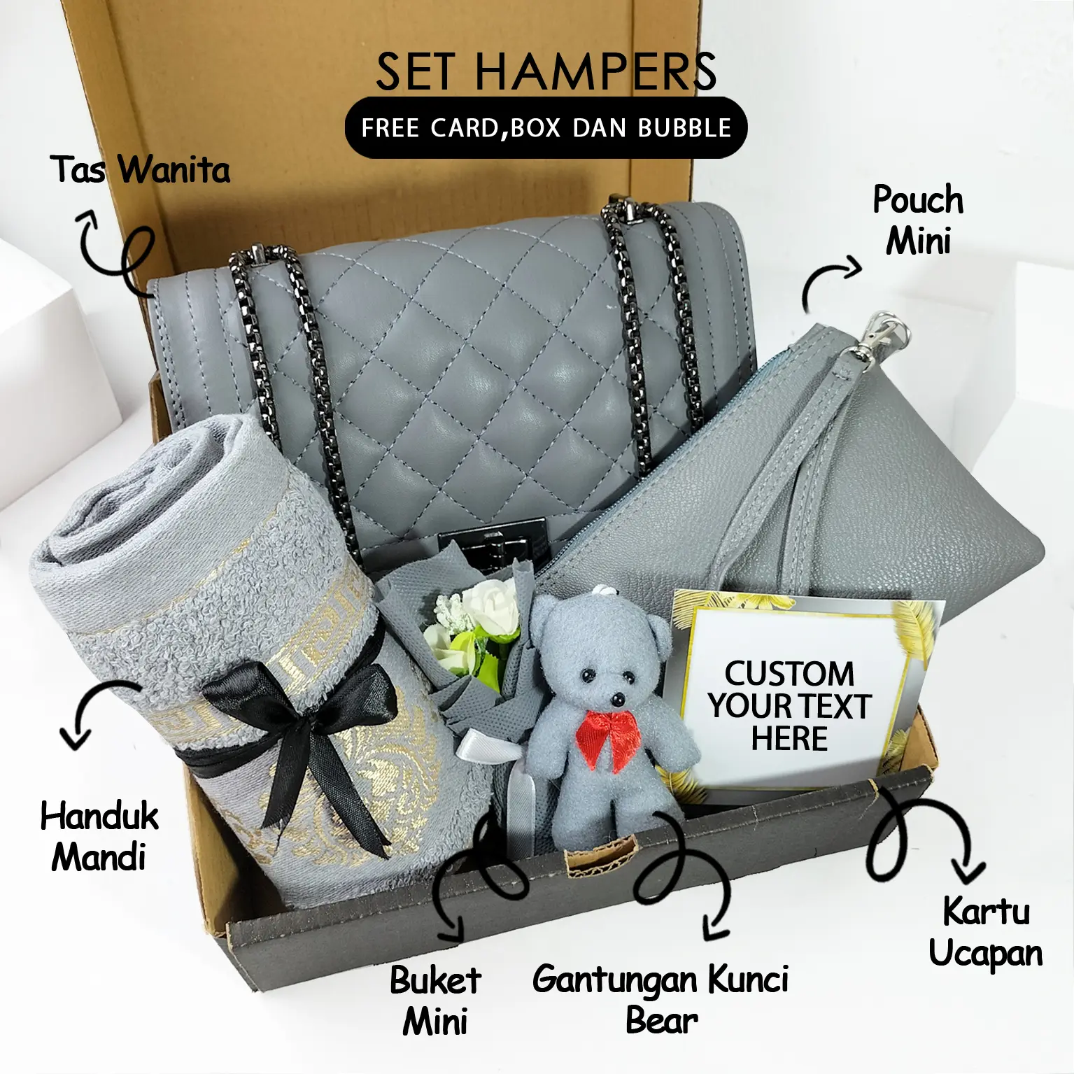 Set Hampers tas wanita kado ulang tahun cewek gift set wedding wisuda anniversary serba abu