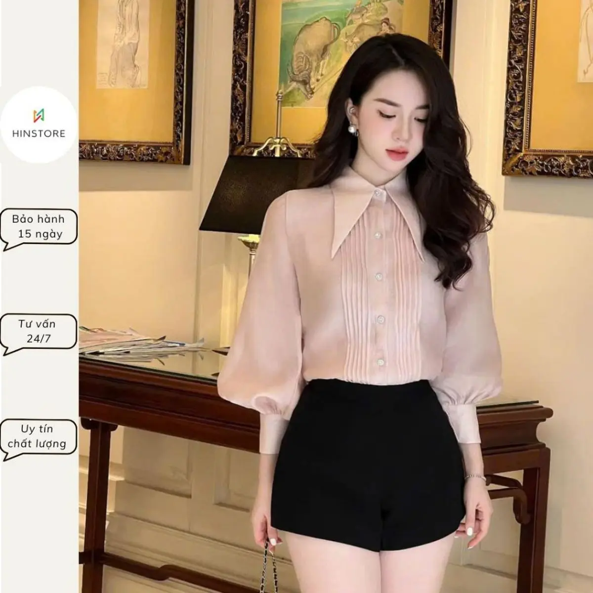 Áo sơ mi công sở nữ HINSTORE áo sơ mi cổ đức lá nhọn cong xếp ly dọc thân và tay cúc đá tay bồng 331 chất liệu tơ crep