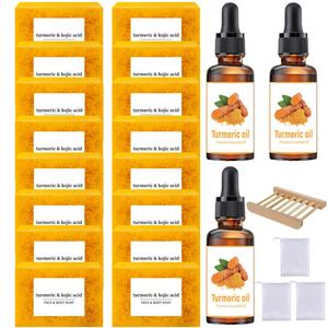 Turmeric Skincare Set, 23pcs/set Turmeric Kojic Acid Soap & Turmeric Essential Oil & Soap Tray & Soap Bag, Face & Body Care Kit for Women & Men