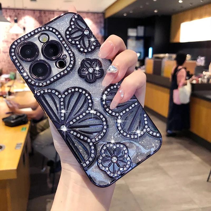 Product Introduction of Luxury Glitter 3D Diamond Flower Phone Case For iPhone 16 15 14 13 12 11 Pro Max Plus Gradient Shockproof Electroplated Cover 4
