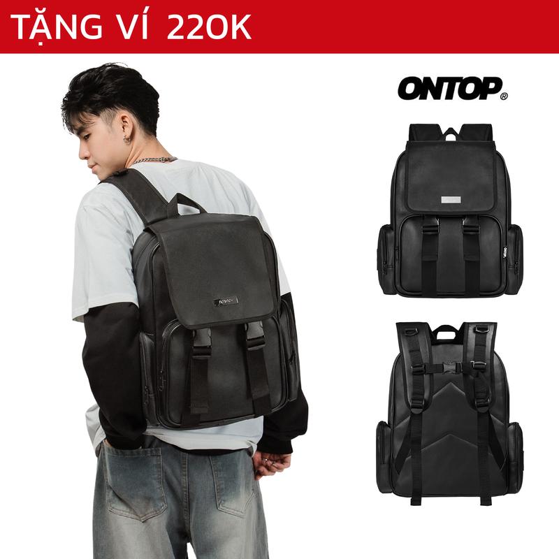 Balo da đen trơn nam nữ ONTOP chống nước nhiều ngăn đựng laptop local brand Big Buckle Backpack | O-P33