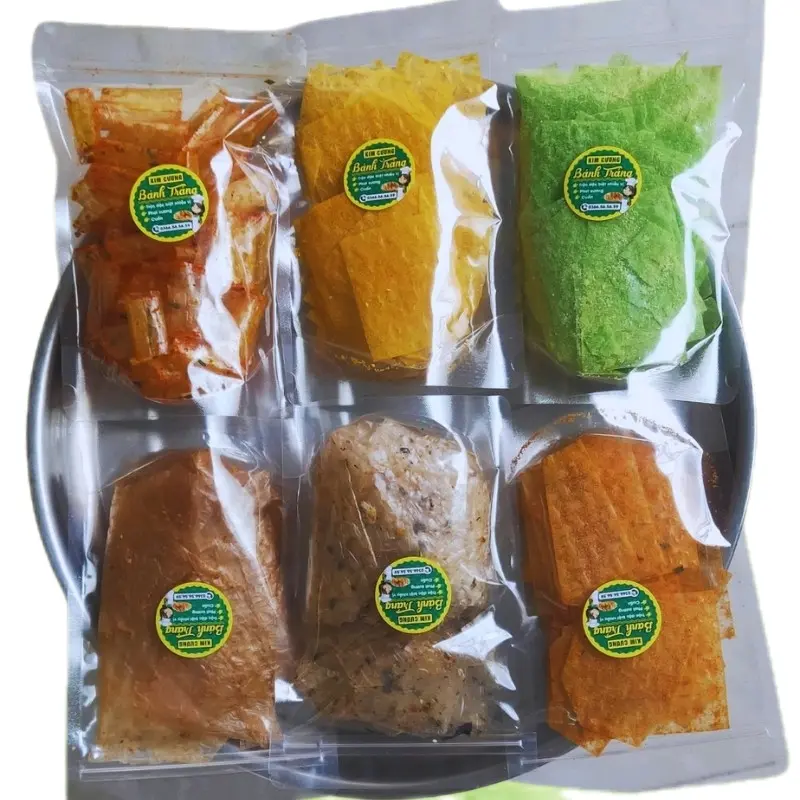 Combo 6 túi bánh tráng 110gr, gồm 6 vị bánh (tổng 660gr): Rong biển, Phô mai tôm, Phô mai mè sữa, Phô mai lá dứa, Xike Cay, Tỏi bò cay..... Snack Ăn Vặt Food 0