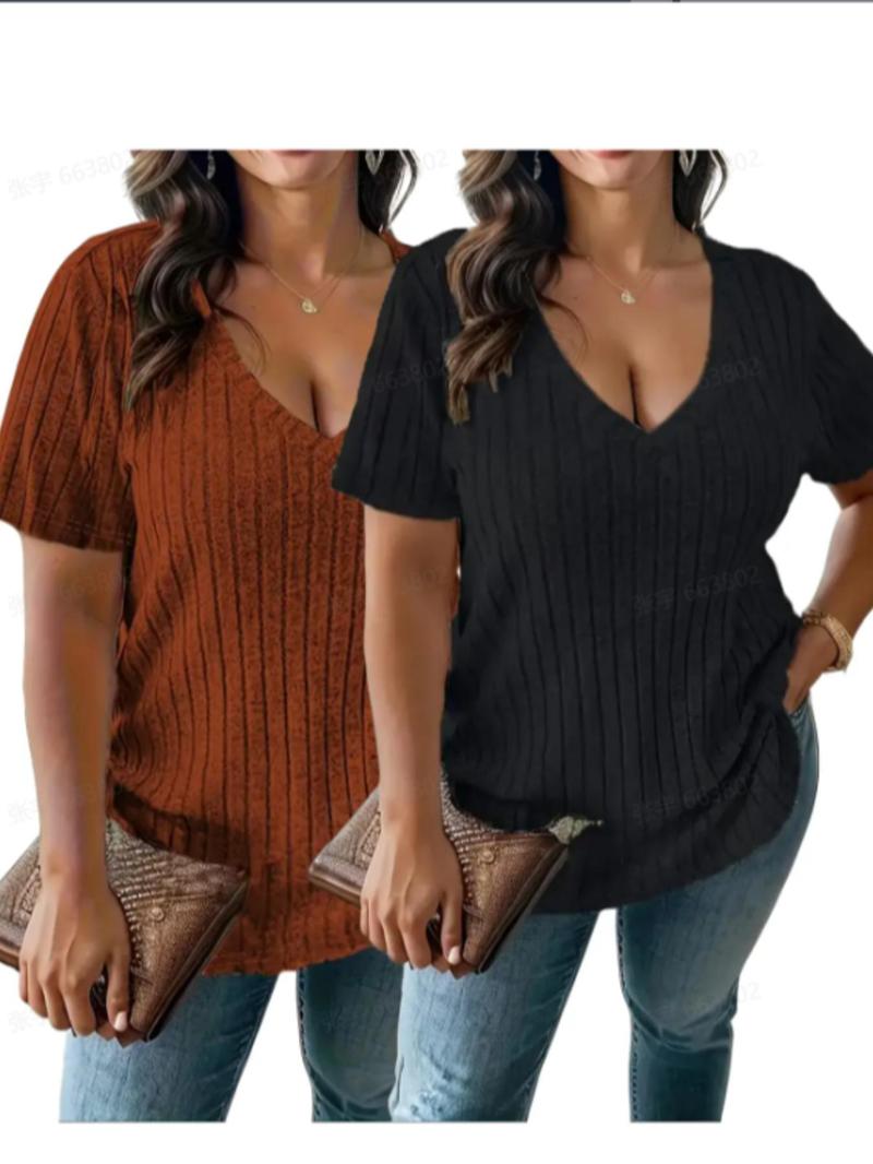 Product Introduction of Plus Size Plain V Neck Tee, Casual Short Sleeve T-shirt for Summer, Women's Plus Clothing for Daily Wear 1