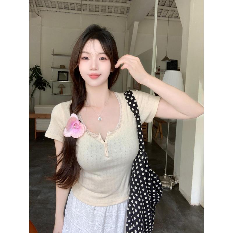 Quần Áo Nữ, Bộ Sưu Tập Mùa Hè, Phong Cách BM Mới, Cô Gái Nóng Bỏng, Dễ Thương Và Gợi Cảm, Cổ Áo Khâu Ren, Trang Trí Với Nút, Áo Phông Ngắn Tay Women Top 2