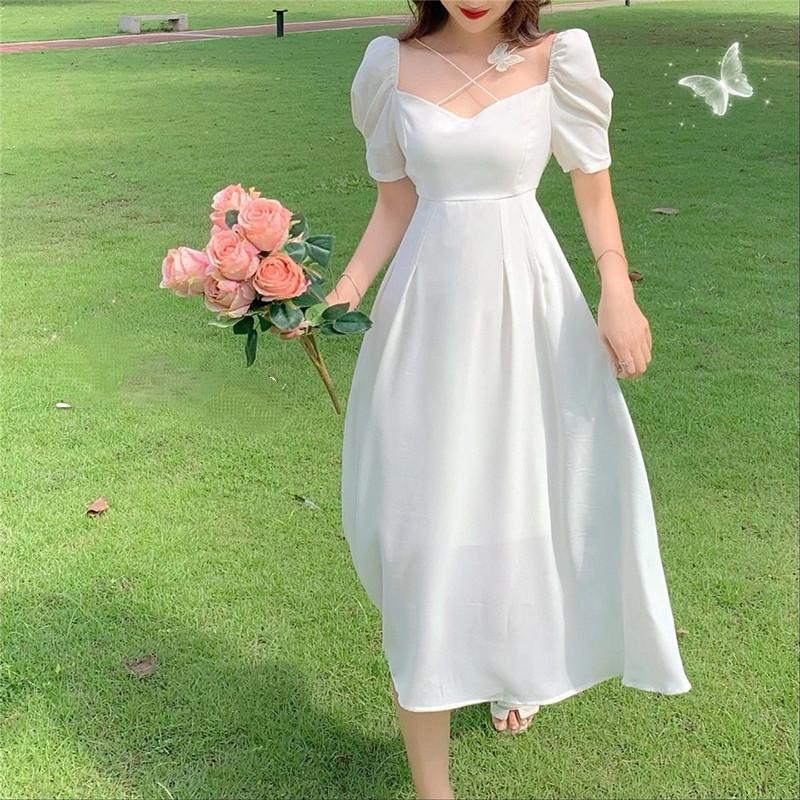 8940 đầm trắng tay dài dáng qua gối đi biển bigsize dự tiệc trắng tiểu thư đầm sang trọng váy liền 1