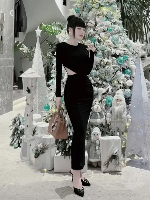 ĐẦM BODY TAY DÀI, KHOÉT EO ĐÍNH HOA GIỮA (40kg-55kg), chất thun ladong [GL80014] Nữ Women Dress Voi 3