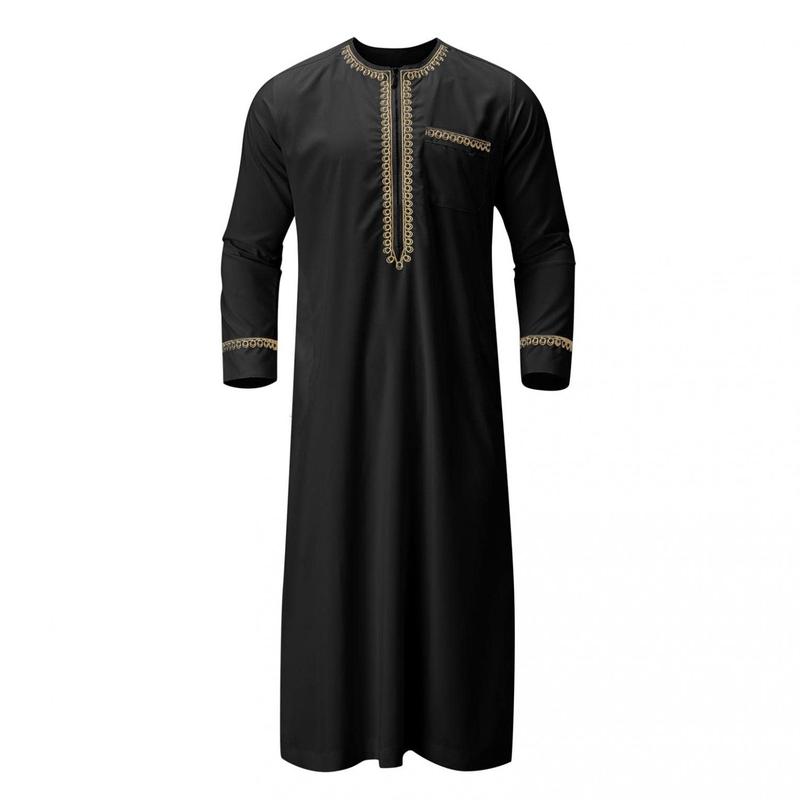 Product Introduction of Men'S Muslim Shirt Kaftan Islamic Royalty Dubai Robe O-Neck Long Sleeve Retro Tunics Abaya Arabic Traditional Costume Men'S Robe 10