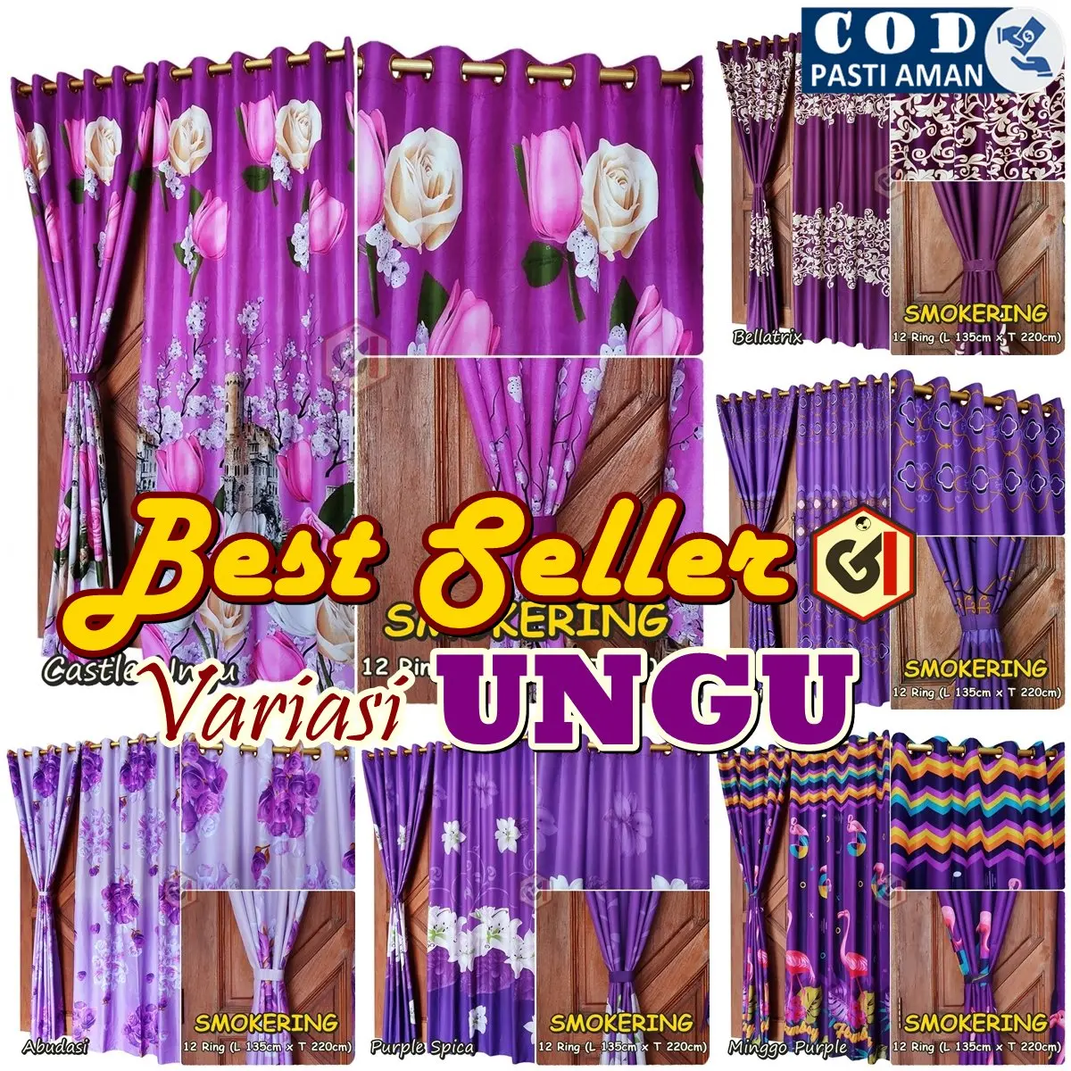 Gorden Warna UNGU Model Smokring 12 Ring untuk Korden Pintu atau Hordeng Jendela Panjang Katun Tali