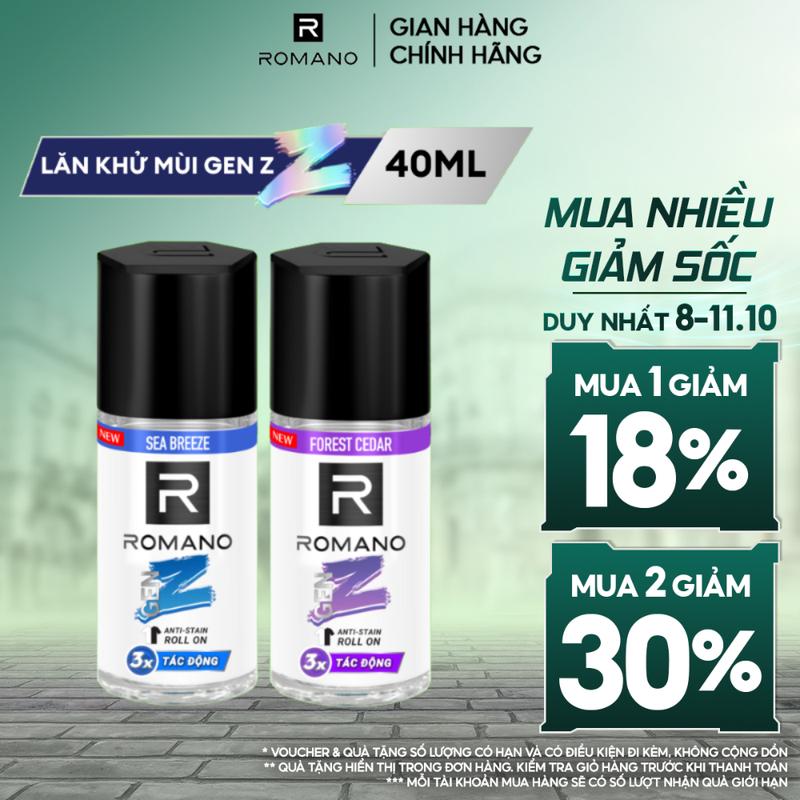 [MUA 2 GIẢM 35%] [MỚI] Lăn Khử mùi ngăn vệt ố vàng Dưỡng Thể cho nam Romano Gen ZSea Breeze/Forest Cedar 40ml/Chai
