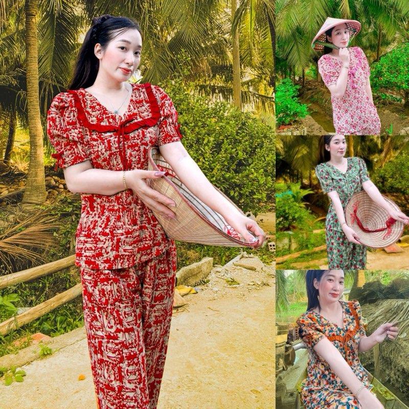   50-65kg  Đồ bộ mango mặc nhà có túi hoạ tiết kẻ sọc hoa trẻ trung quần 9 tấc 