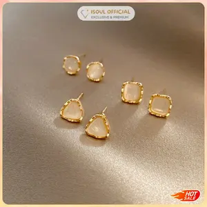 COD iSoul Anting 3 SET Emas Batu alam Titanium Wanita Korea Anti Karat Perhiasan Tusuk