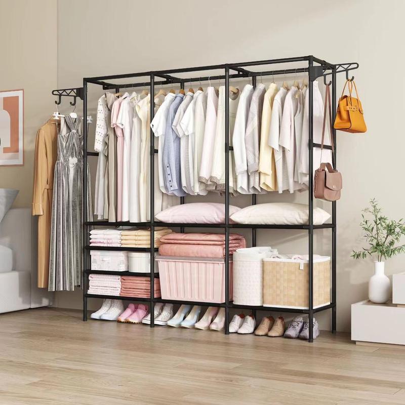 3-row Large Capacity Coat & Shoe Rack, Household Bedroom Floor Clothes Storage Rack, Freestanding Multifunctional Clothes Wardrobe Shelves for Bedroom, Summer Gifts 3