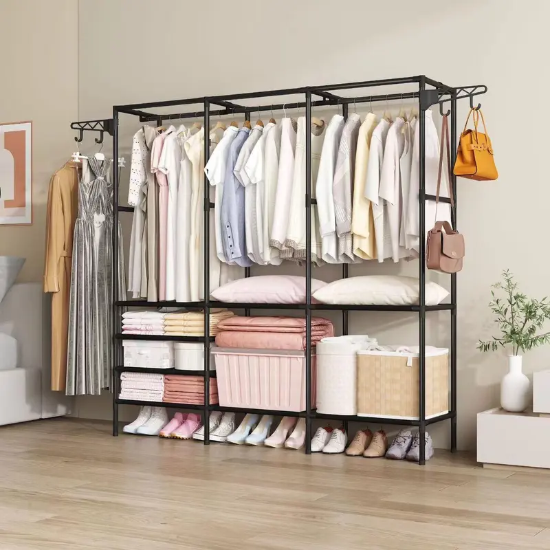 3-row Large Capacity Coat & Shoe Rack, Household Bedroom Floor Clothes Storage Rack, Freestanding Multifunctional Clothes Wardrobe Shelves for Bedroom, Summer Gifts 3