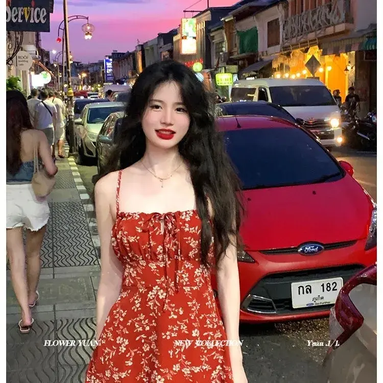 Váy Hai Dây Hoa Nhỏ Màu Đỏ, Phong Cách Kỳ Nghỉ Mùa Hè, Dành Cho Phụ Nữ, Thanh Lịch, Cỡ Nhỏ, 2024 Women Dress Khuy