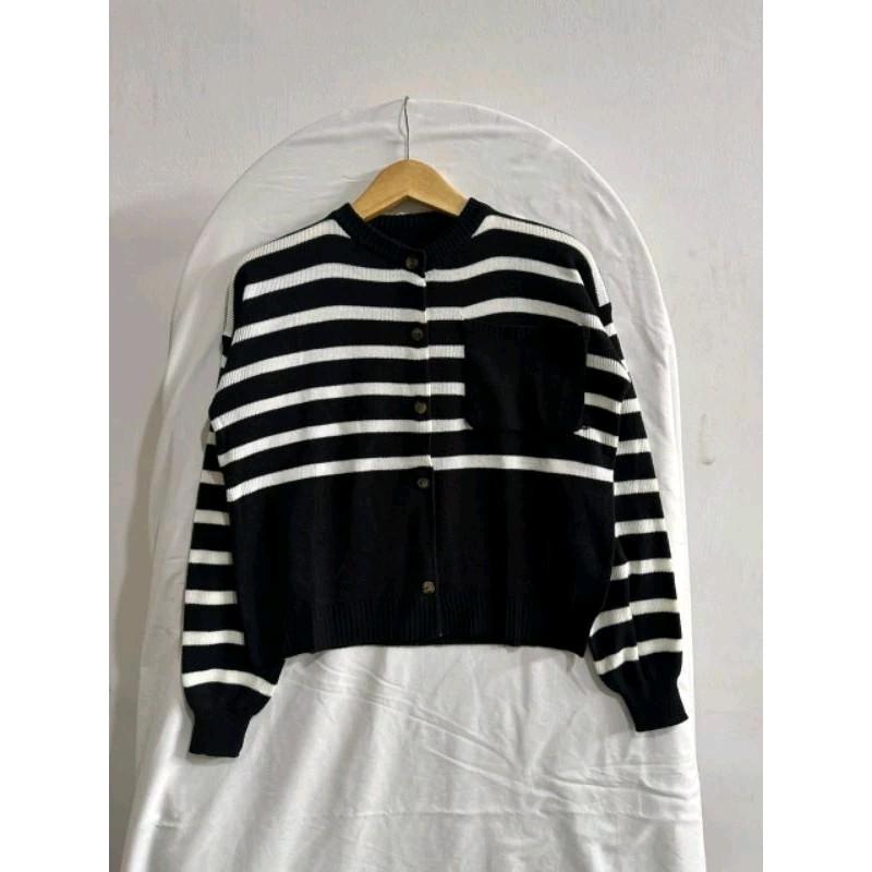 Cardigan Rajut Wanita Flora Full Kancing Motif Salur Setrip Blaster Baju Atasan Garis Kerah Nyaman Knitwear Panjang 5