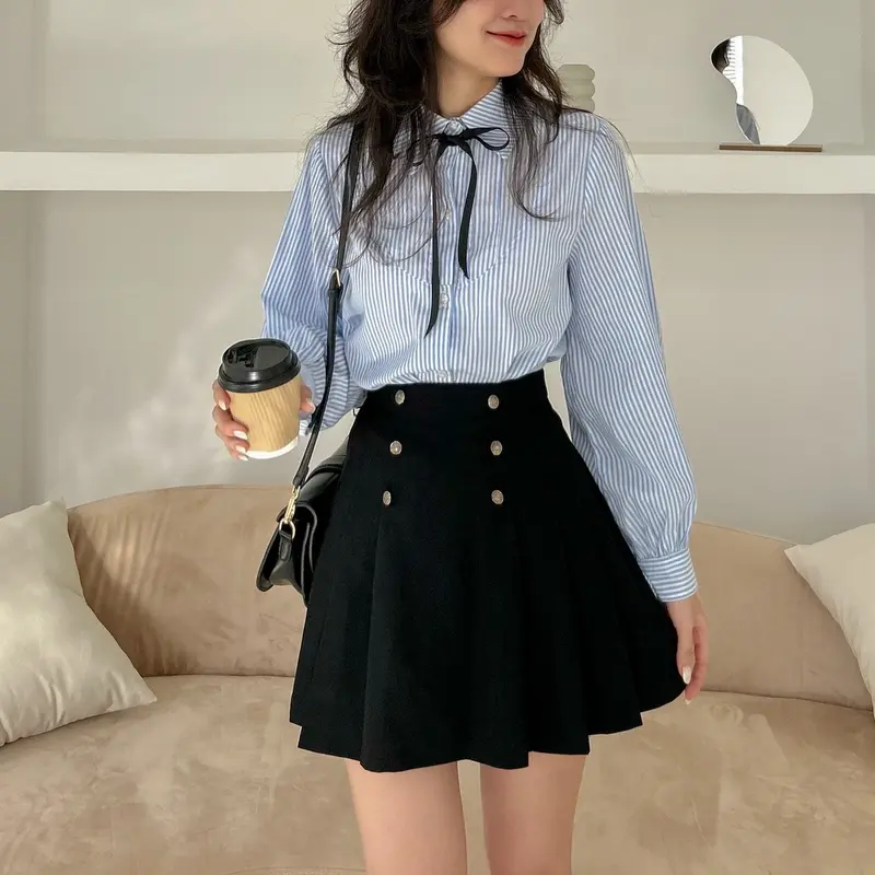 | Tặng kèm nơ | Sơ mi nữ chất liệu oxford kẻ sọc tay bồng xếp ly ngực (Sơ mi Tiên) 6