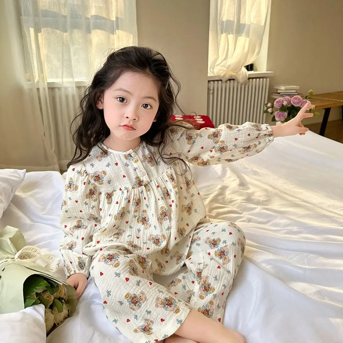 Bộ Đồ Mặc Nhà Hình Gấu, Cho Bé Gái, Hàng Mới Về Mùa Xuân, Áo Thường Ngày Quần, Quần Dài Tay Cho Bé Bộ Đồ Ngủ