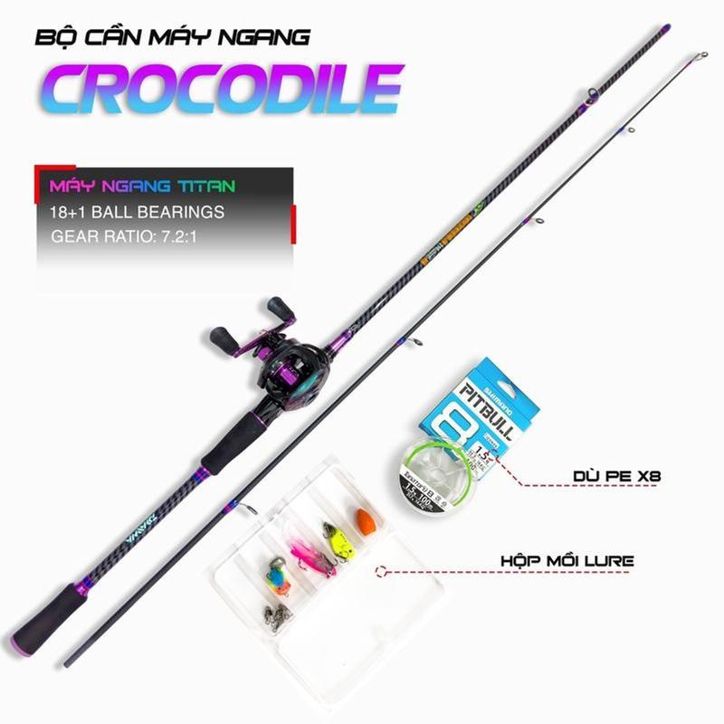 Bộ cần câu lure ngang Crocodile máy câu ngang TiTan tặng bộ mồi câu + dù pillbull x8