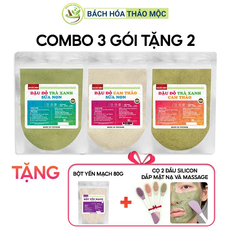 [Combo 3 Tặng 2] Combo 3 Gói Bột Dưỡng Da Bách Mộc Mix Sẵn 3 Loại Đậu Đỏ Trà Xanh Cam Thảo Sữa Non 80g - Tặng 1 Gói Bột Yến Mạch 80g + 1 Cọ Silicon 2 Đầu Đắp Mặt Nạ Massage Nữ Women Skincare Làm Đẹp Da