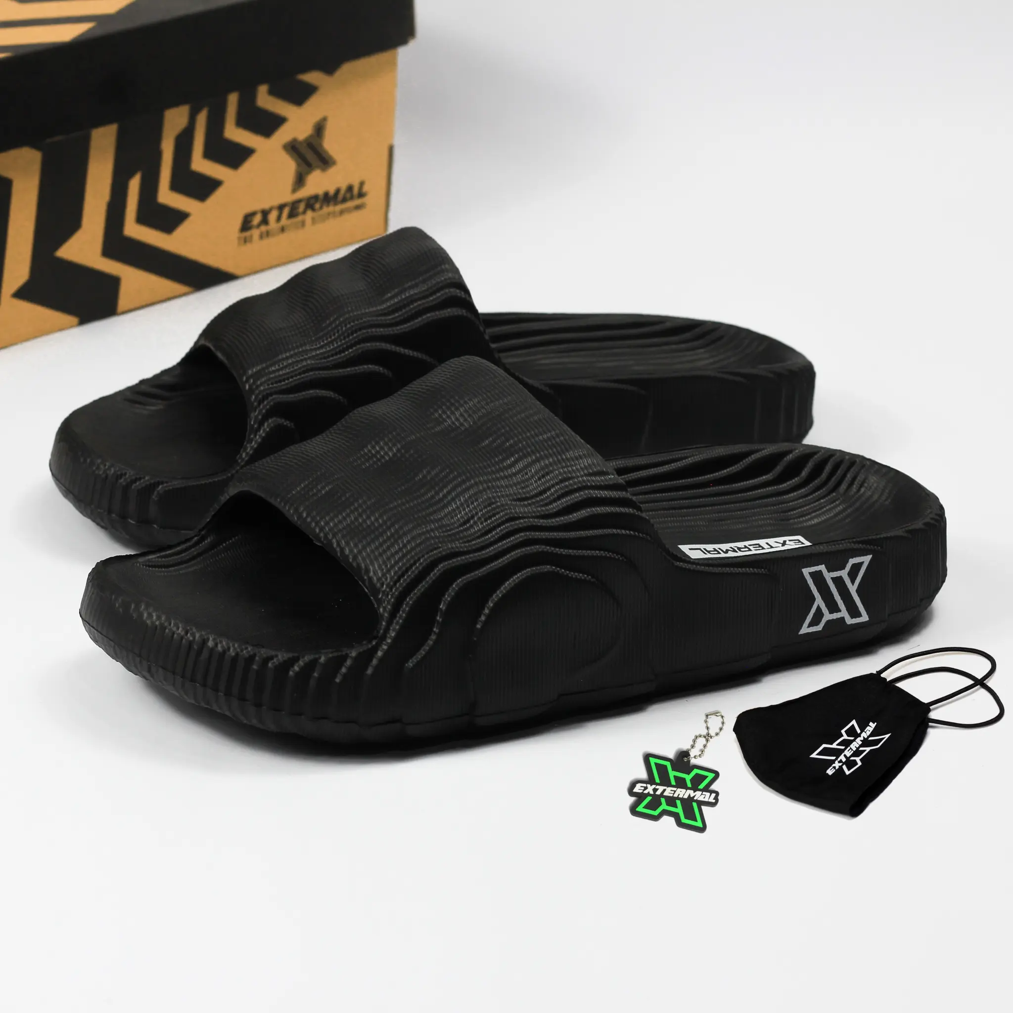 EXTERMAL - Milestone Black - sandal Slide - Slip On Casual Pria kekinian selop Cowok Sendal