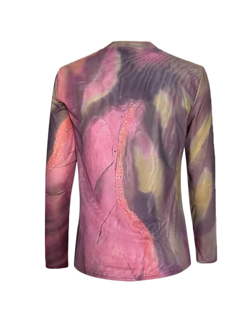 Product Introduction of Women's All Over Print Round Neck Tee, Elegant Casual Crew Neck Top for Spring & Fall, Women's Clothing for Daily Wear 2