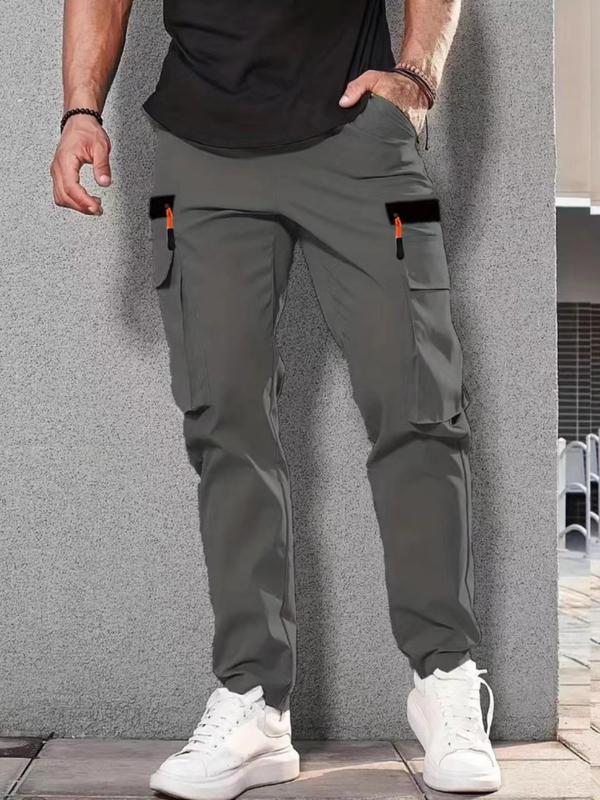 Men's Solid Color Cargo Pants, Regular Fit Casual Comfy Elastic Waist Trousers for Daily Wear, Men's Bottoms for All Seasons, Beige 6