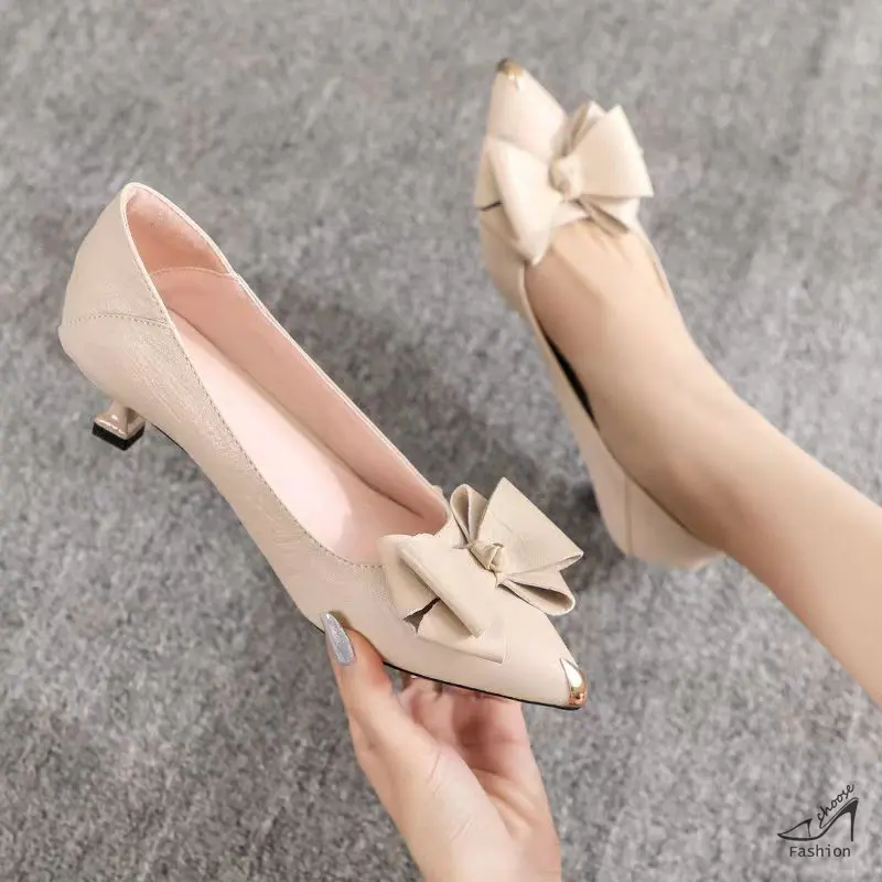 [CF] 2 inches Black Shoes for Women Stylish Elegant Decor Classy Pointed Toe with Bowknot Stiletto Heels Fashion Office Work Shoes