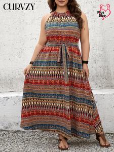 CURVZY Plus Size All Over Print Belted Dress, Boho Sleeveless Dress for Beach Holiday Vacation, Women's Clothes for Summer