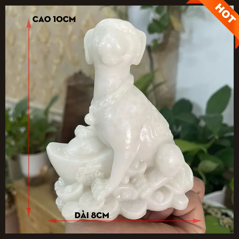Tượng đá con chó phong thủy tượng trang trí tượng chó giữ tài lộc phong thủy nhà cửa - Chiều Cao 10cm - Màu đá trắng 0
