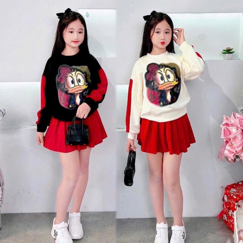 (23-52kg) Sét váy dạ áo tay dài hoạ tiết siêu xinh cho bé