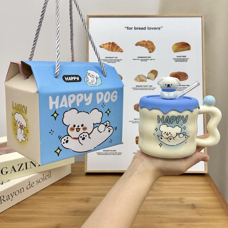 quà tặng Ly sứ uống nước hình con chó 400ml quà tặng cho bạn Tặng kèm ống hút thủy tinh - XBG