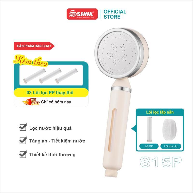Combo S15P-C1: Sen tắm lọc nước S15P Sawa và 3 lõi lọc bông PP dự phòng - Sen tắm lọc nước Sawa hỗ trợ khử clo thế hệ mới với thiết kế thời trang cao cấp | vòi hoa sen di động