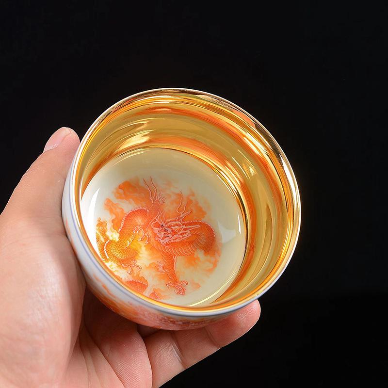 Product Introduction of 24K Gold Silk Dragon and Phoenix Jianzhan Master Cup Tea Cup White Jade Gilding Tea Cup Porcelain Kung Fu Tea Set Single Cup 23