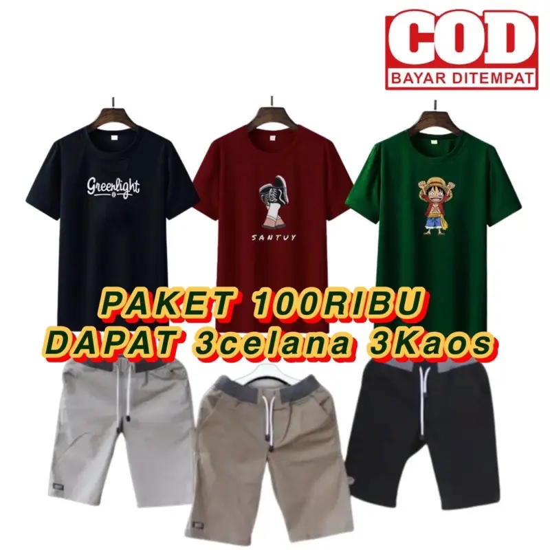Setelan Pria 100Ribu Dapat 3Kaos+3Celana Celana Kaos Pendek Poliester Lengan Pendek - Bahan Polyester Tipis dan Nyaman Dipakai - Panjang, Sablon