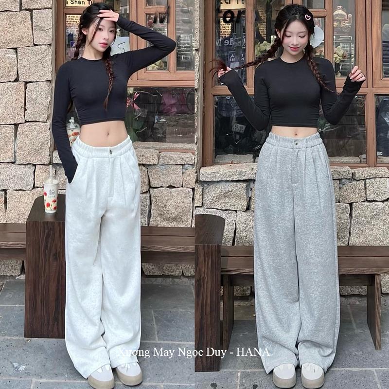 DEAL SOCK - MỎ BÁN Quần nỉ nữ 2 da ống rộng suông có túi trước sau xếp li - Quần ống rộng 1 khuy cạp cao lưng chun mặc đi học công sở thể thao ấm mùa đông