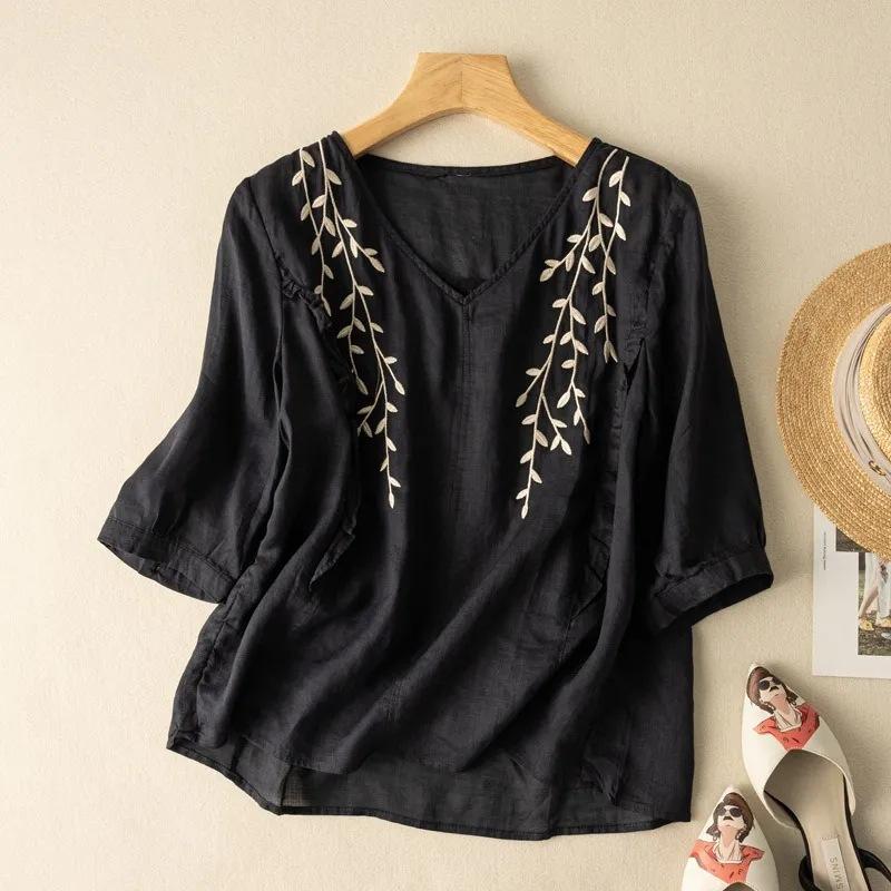 Áo Cotton Và Vải Lanh Thêu Mới, Áo Dáng Rộng, Thanh Lịch, Nghệ Thuật, Retro, Tay Áo Cắt Xén, Phong Cách Trung Quốc, Thường Ngày, Đa Năng, Mùa Hè Top Nữ Sơ Mi Women 4