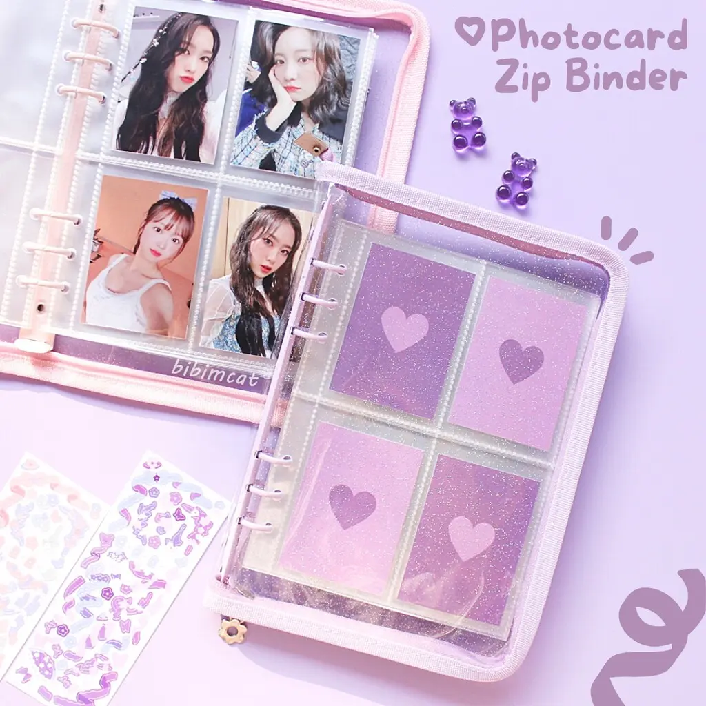 Album Photocard binder photo card zipper A5 6 ring buku glitter FREE PHOTO CARD BTS BT21 ARMY BLACKPINK BLINK NCT STRAY KIDS TWICE ATEEZ IDOL KPOP FOTO GRATIS. tempat organizer polaroid PC lomo 2R 4R inner sleeve transparan slot case pvc jelly pink lilac