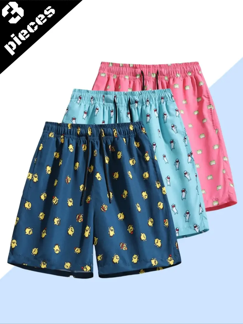 Product Introduction of Men's Colorblock Cartoon Print Beach Shorts, Casual Elastic Waist Swim Shorts for Summer, Trendy Pool Gear & Family Beach Day Essentials 1