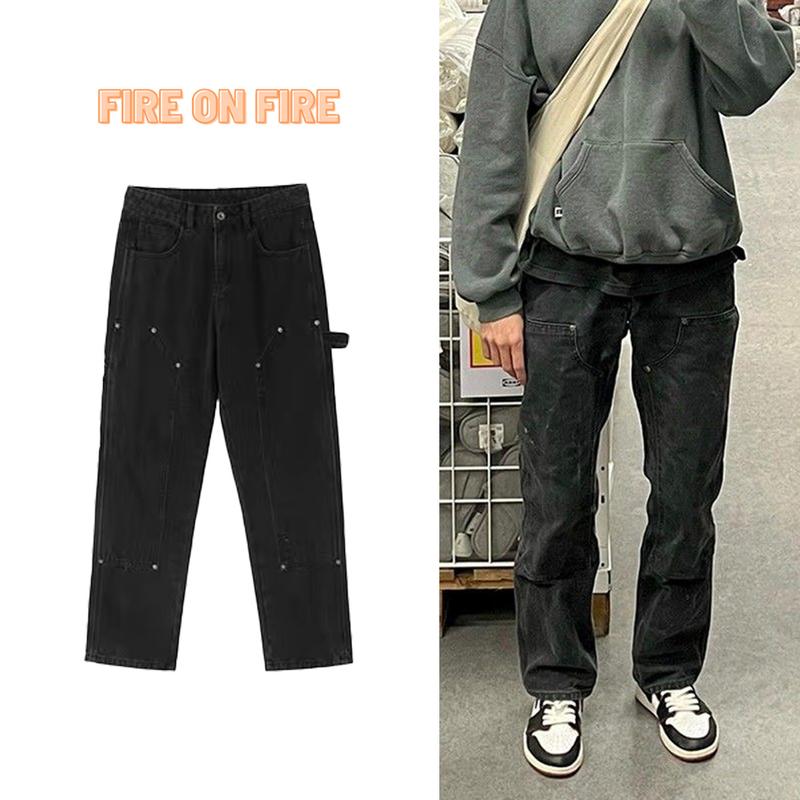 Quần Jean Double Knee, phong cách HipHop. Menswear Nam Đen WASH Pants