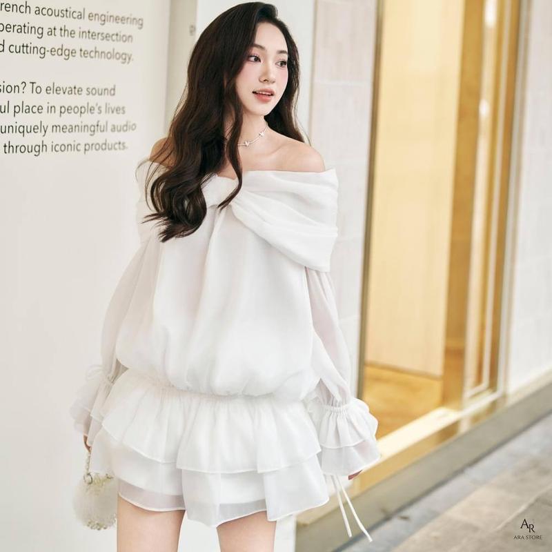 Đầm Babydoll Bẹt Vai Nơ Phom Bí Trẻ Trung Chất Liệu Tơ Cao Cấp, Đầm Váy Dáng Ngắn Trẻ Trung  KC1539