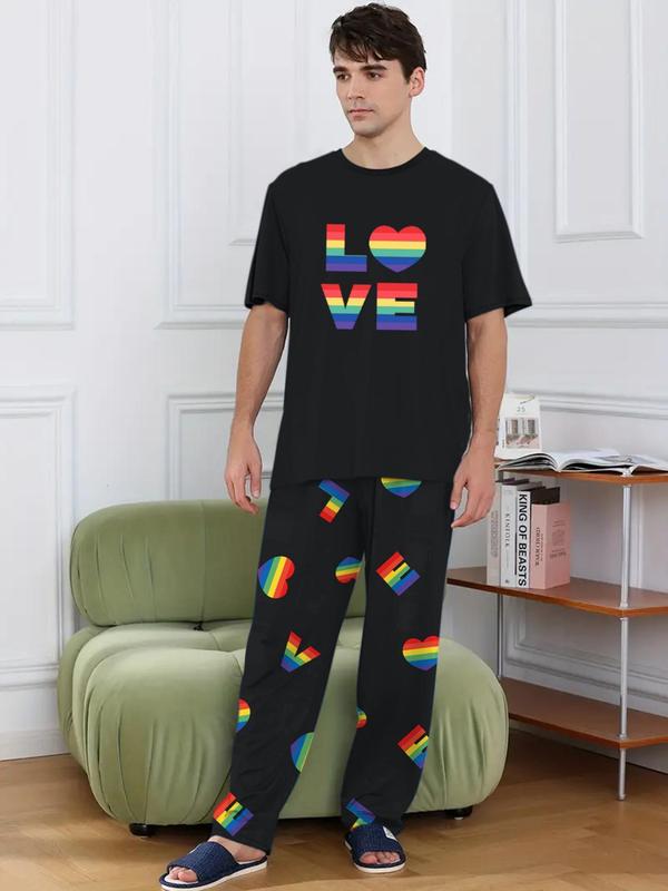LGBTQ+ Men's 2pcs Heart Print Tee & Letter Print PJ Pants Loungewear Set, Summer Clothes, Round Neck Short Sleeve T-Shirt & Trousers PJ Set, Menswear, Men's Sleepwear Homewear For Summer 8