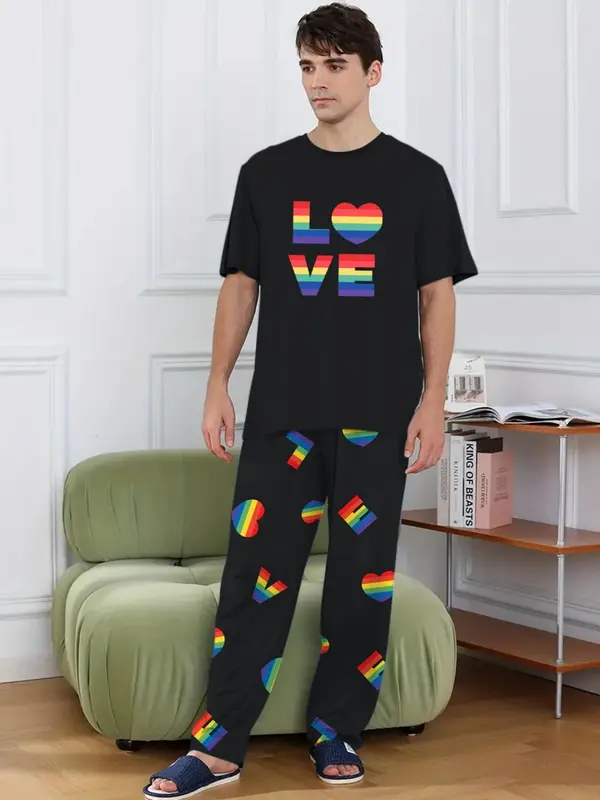 LGBTQ+ Men's 2pcs Heart Print Tee & Letter Print PJ Pants Loungewear Set, Summer Clothes, Round Neck Short Sleeve T-Shirt & Trousers PJ Set, Menswear, Men's Sleepwear Homewear For Summer 8