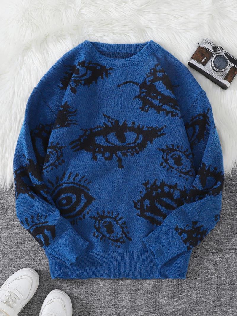 Product Introduction of Men's All Over Eye Print Drop Shoulder Sweater, Regular Fit Casual Long Sleeve Round Neck Jumper for Fall & Winter, Fashion Men's Knitwear for Daily Wear 5