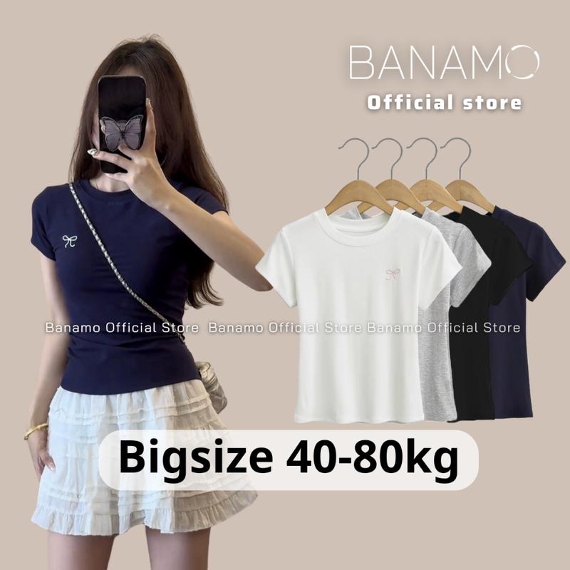 Áo baby tee nữ BIGSIZE Banamo Fashion Áo ôm body cổ tròn cộc tay thêu nơ ngực phong cách Hàn Quốc 354 Top Women
