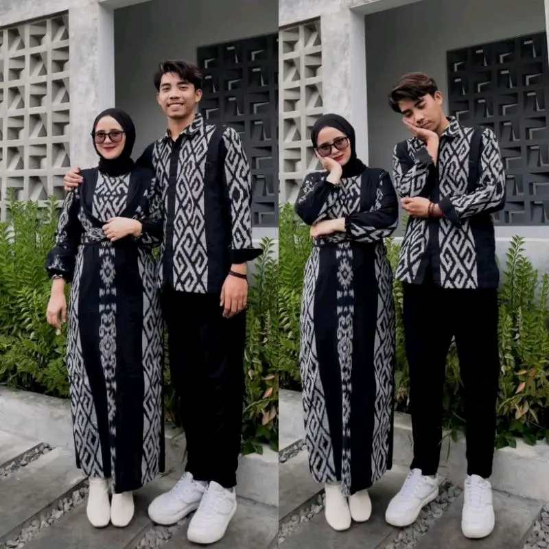 Baju Couple Tenun Pasangan Pia Dan Wanita Motif Simpel hitam - Set Couple Kondangan - Set Couple Lebaran - Set Couple Keluarga Bunga Setrip Dress Panjang Kain Batik Pendek Sarimbit Katun Gamis 0